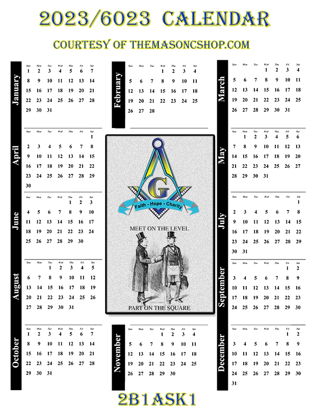 2023 6023 Free Printable Masonic Calendar from The Masonic Shop